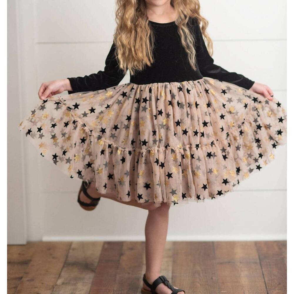 NEW OOPSIE DAISY star velvet holiday sparkle tulle dress in black & gold